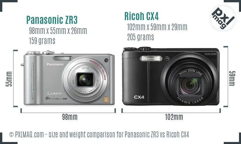 Panasonic ZR3 vs Ricoh CX4 size comparison