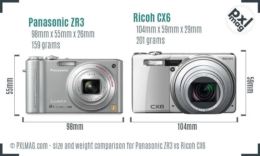 Panasonic ZR3 vs Ricoh CX6 size comparison Panasonic ZR3 vs Ricoh CX6 size comparison