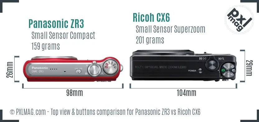 Panasonic ZR3 vs Ricoh CX6 top view buttons comparison Panasonic ZR3 vs Ricoh CX6 top view buttons comparison