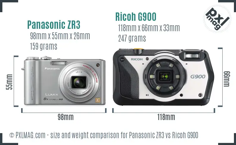 Panasonic ZR3 vs Ricoh G900 size comparison