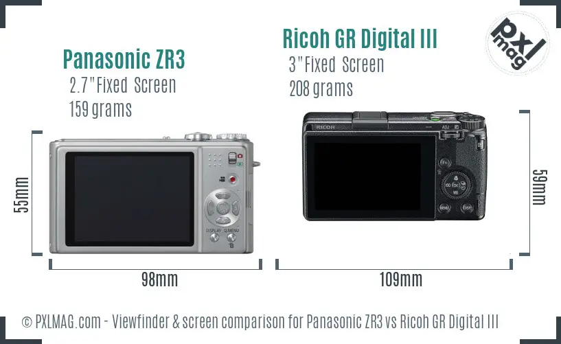Panasonic ZR3 vs Ricoh GR Digital III Screen and Viewfinder comparison