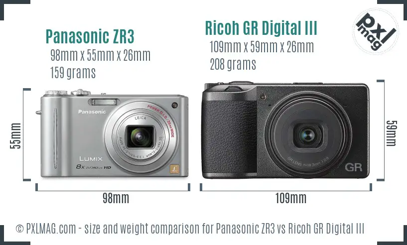 Panasonic ZR3 vs Ricoh GR Digital III size comparison