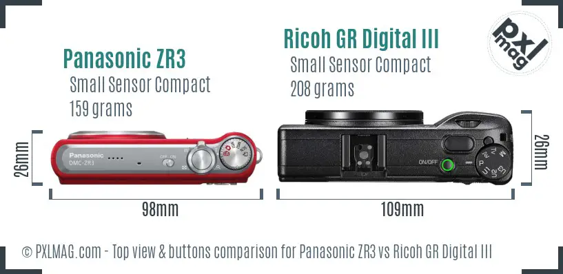 Panasonic ZR3 vs Ricoh GR Digital III top view buttons comparison