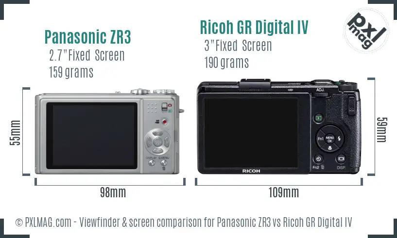 Panasonic ZR3 vs Ricoh GR Digital IV Screen and Viewfinder comparison