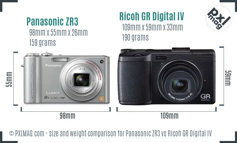 Panasonic ZR3 vs Ricoh GR Digital IV size comparison