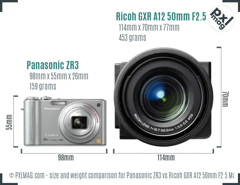 Panasonic ZR3 vs Ricoh GXR A12 50mm F2.5 Macro size comparison
