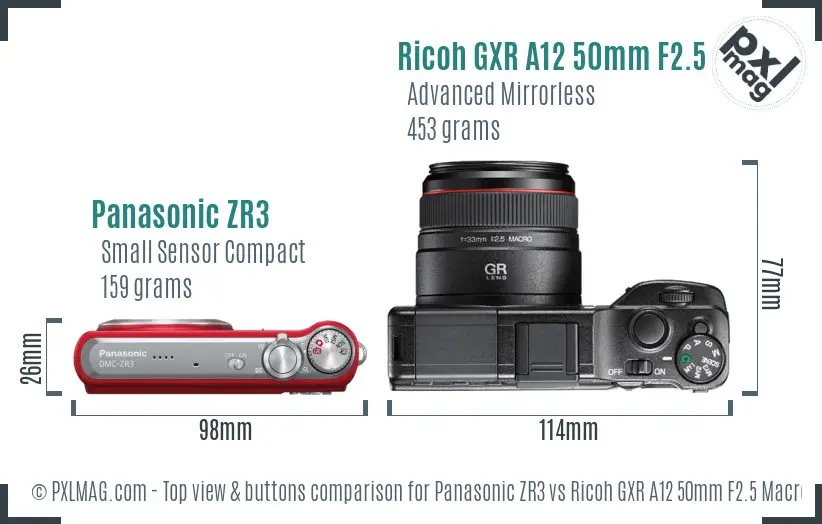 Panasonic ZR3 vs Ricoh GXR A12 50mm F2.5 Macro top view buttons comparison