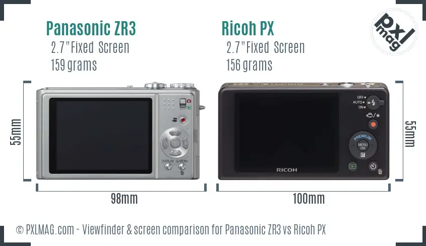 Panasonic ZR3 vs Ricoh PX Screen and Viewfinder comparison Panasonic ZR3 vs Ricoh PX Screen and Viewfinder comparison
