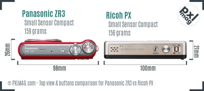 Panasonic ZR3 vs Ricoh PX top view buttons comparison Panasonic ZR3 vs Ricoh PX top view buttons comparison