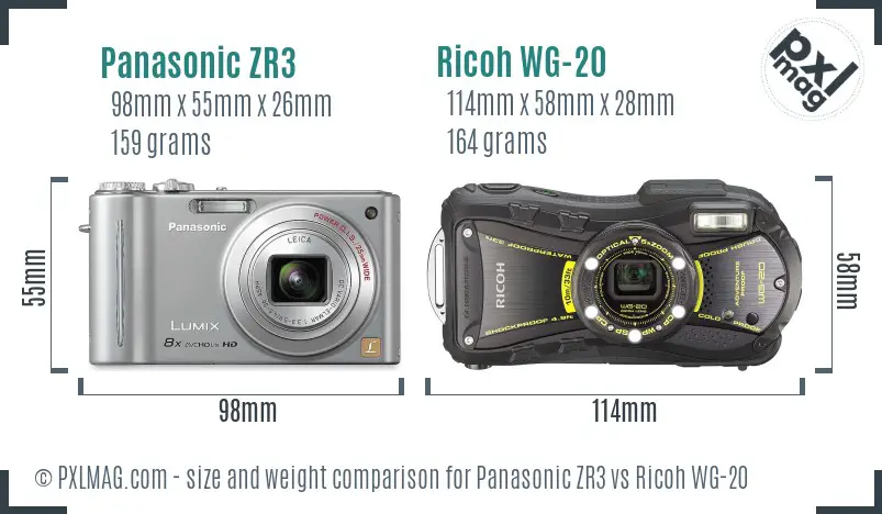Panasonic ZR3 vs Ricoh WG-20 size comparison