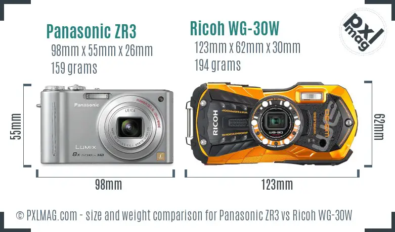 Panasonic ZR3 vs Ricoh WG-30W size comparison