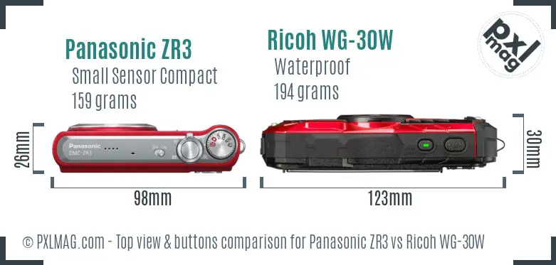 Panasonic ZR3 vs Ricoh WG-30W top view buttons comparison