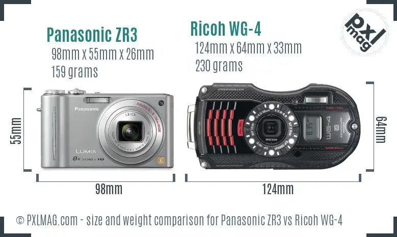 Panasonic ZR3 vs Ricoh WG-4 size comparison