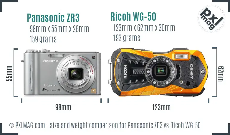 Panasonic ZR3 vs Ricoh WG-50 size comparison