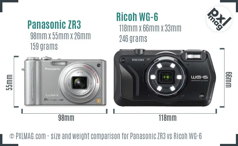 Panasonic ZR3 vs Ricoh WG-6 size comparison