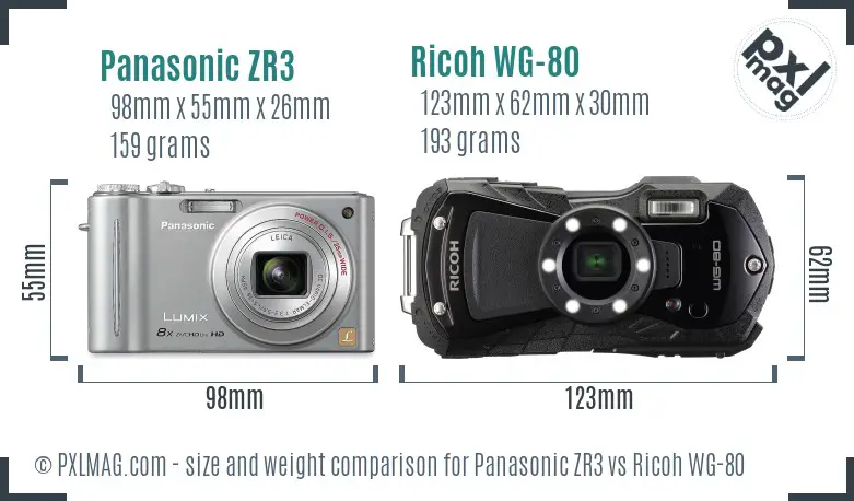 Panasonic ZR3 vs Ricoh WG-80 size comparison