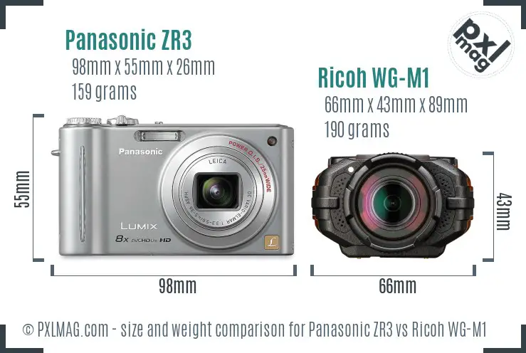 Panasonic ZR3 vs Ricoh WG-M1 size comparison Panasonic ZR3 vs Ricoh WG-M1 size comparison