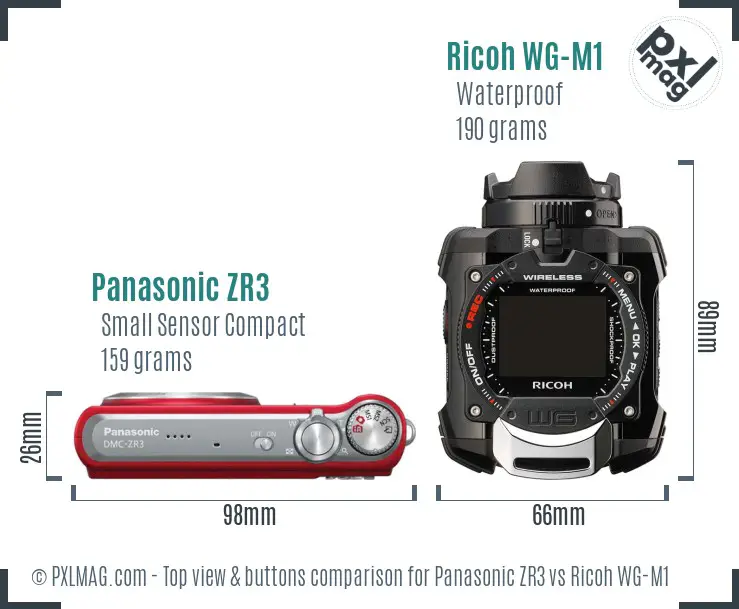 Panasonic ZR3 vs Ricoh WG-M1 top view buttons comparison