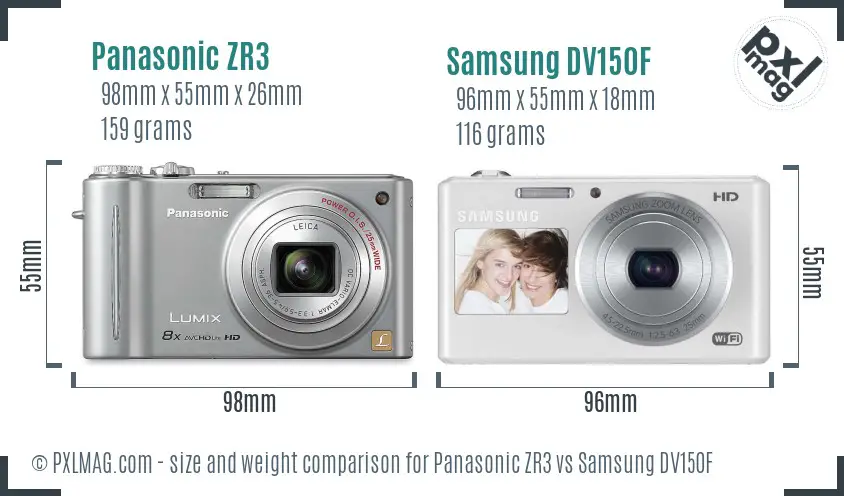 Panasonic ZR3 vs Samsung DV150F size comparison