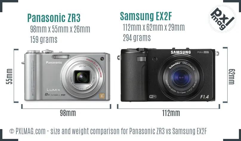 Panasonic ZR3 vs Samsung EX2F size comparison