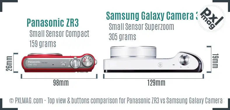 Panasonic ZR3 vs Samsung Galaxy Camera 3G top view buttons comparison Panasonic ZR3 vs Samsung Galaxy Camera 3G top view buttons comparison