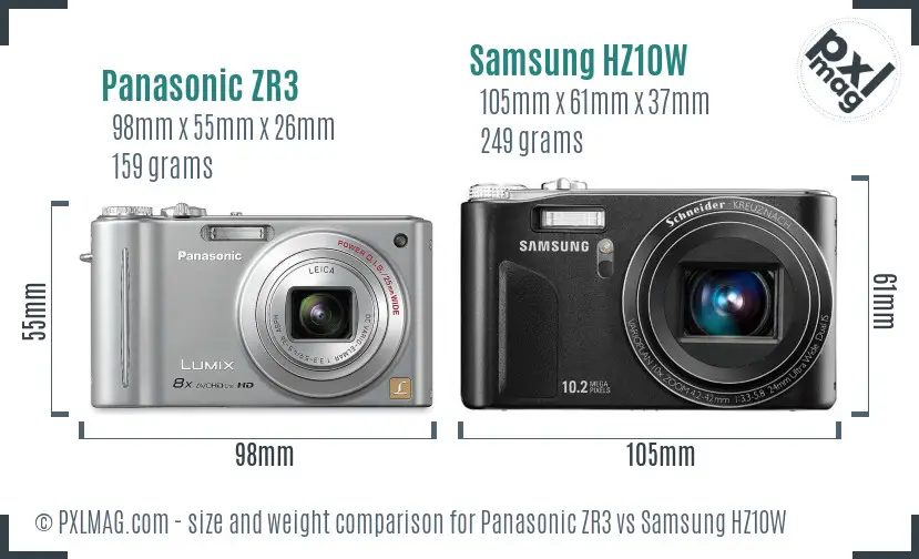 Panasonic ZR3 vs Samsung HZ10W size comparison