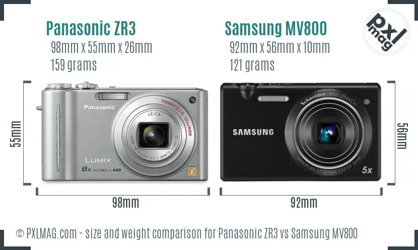 Panasonic ZR3 vs Samsung MV800 size comparison