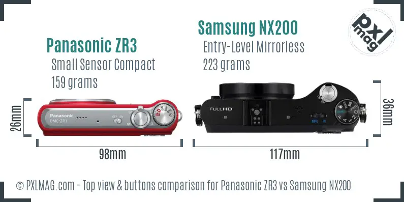 Panasonic ZR3 vs Samsung NX200 top view buttons comparison Panasonic ZR3 vs Samsung NX200 top view buttons comparison