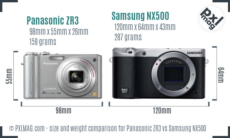 Panasonic ZR3 vs Samsung NX500 size comparison