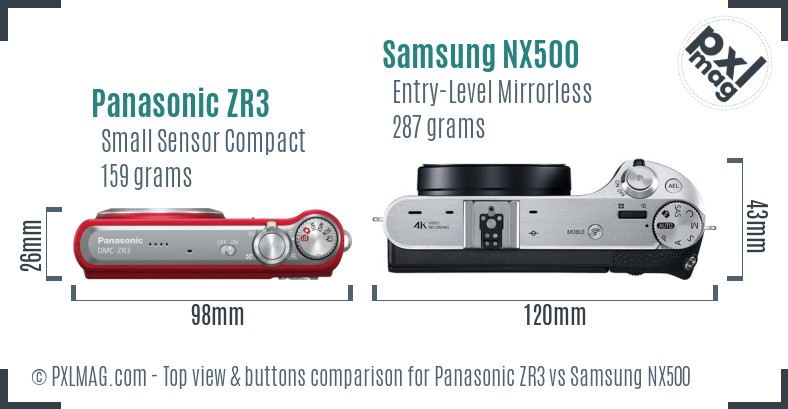 Panasonic ZR3 vs Samsung NX500 top view buttons comparison
