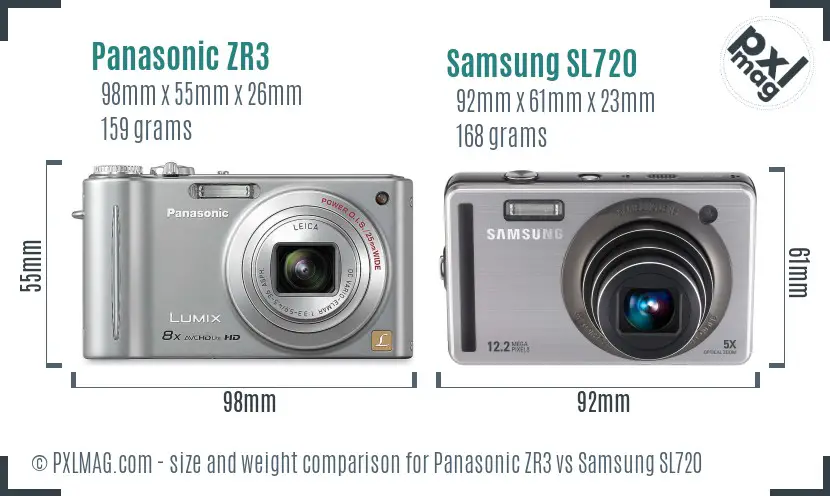 Panasonic ZR3 vs Samsung SL720 size comparison