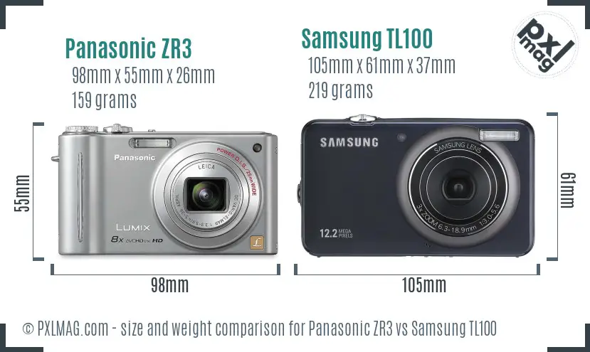Panasonic ZR3 vs Samsung TL100 size comparison