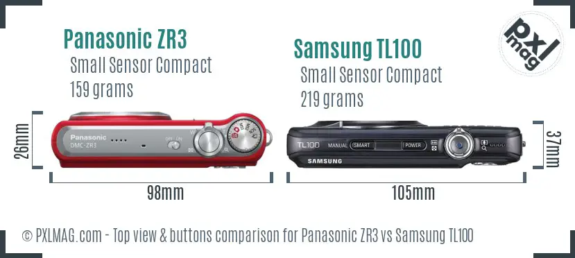 Panasonic ZR3 vs Samsung TL100 top view buttons comparison