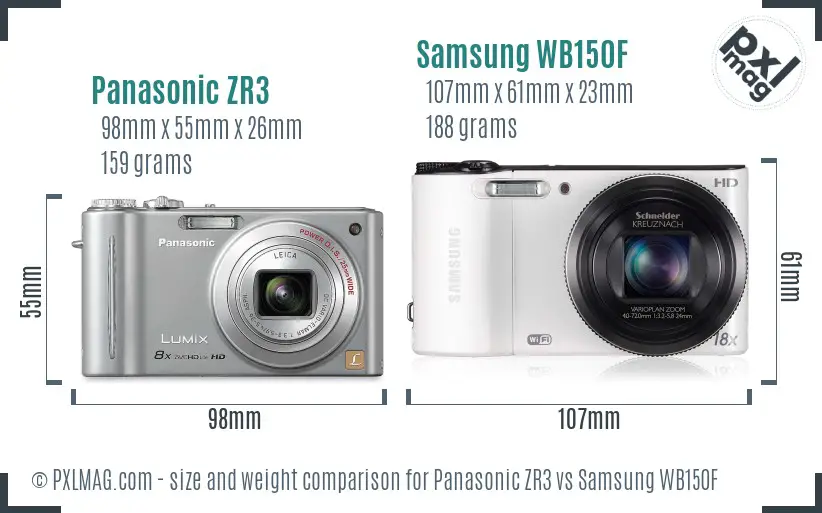 Panasonic ZR3 vs Samsung WB150F size comparison