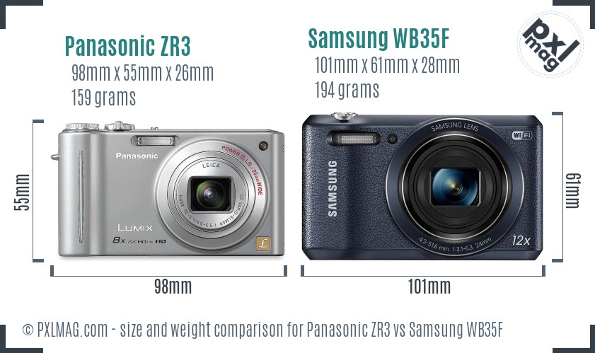 Panasonic ZR3 vs Samsung WB35F size comparison