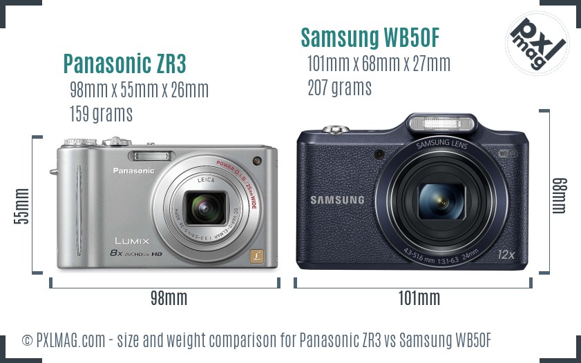 Panasonic ZR3 vs Samsung WB50F size comparison