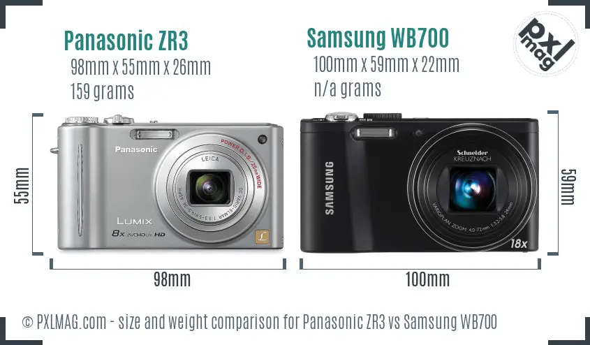 Panasonic ZR3 vs Samsung WB700 size comparison