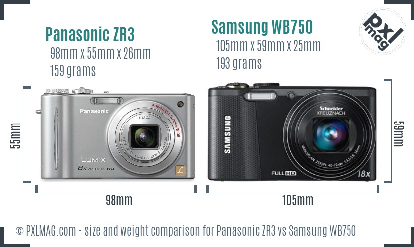 Panasonic ZR3 vs Samsung WB750 size comparison