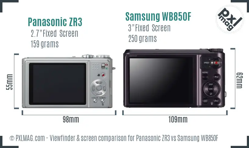 Panasonic ZR3 vs Samsung WB850F Screen and Viewfinder comparison