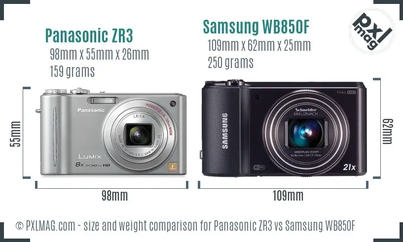 Panasonic ZR3 vs Samsung WB850F size comparison