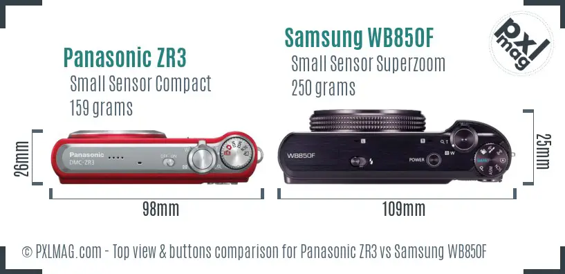 Panasonic ZR3 vs Samsung WB850F top view buttons comparison