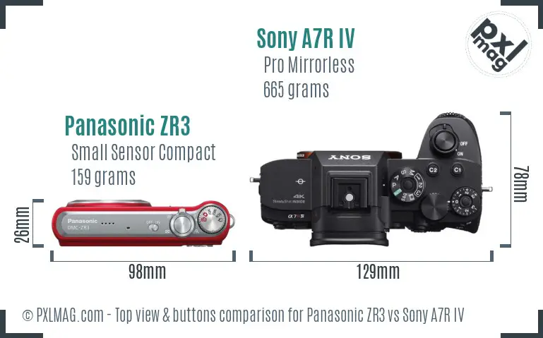 Panasonic ZR3 vs Sony A7R IV top view buttons comparison