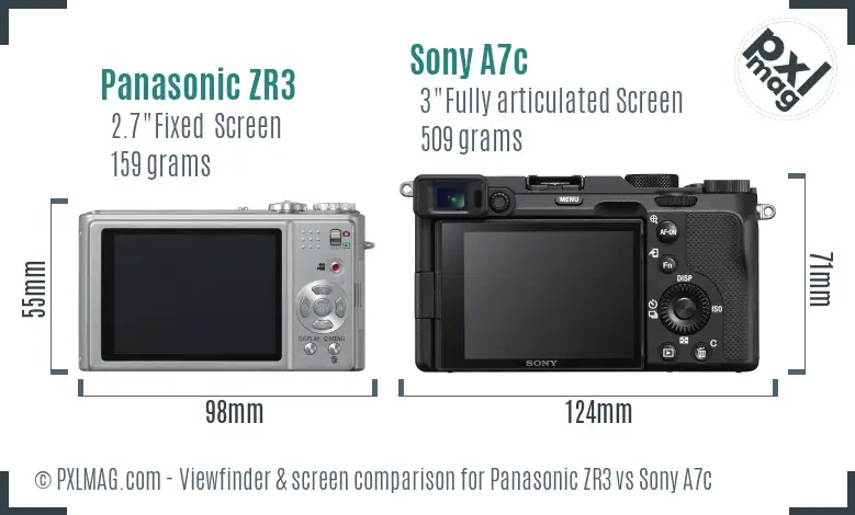 Panasonic ZR3 vs Sony A7c Screen and Viewfinder comparison