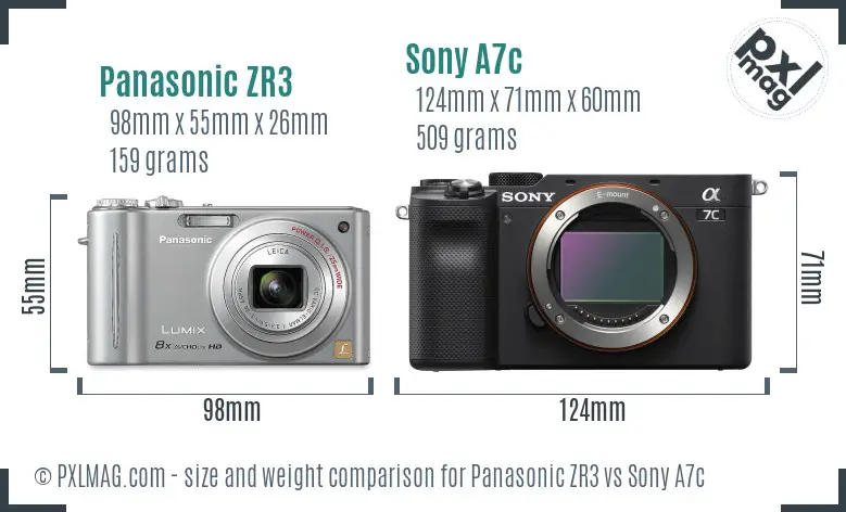 Panasonic ZR3 vs Sony A7c size comparison