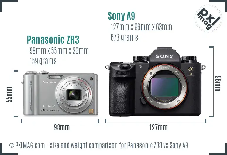 Panasonic ZR3 vs Sony A9 size comparison