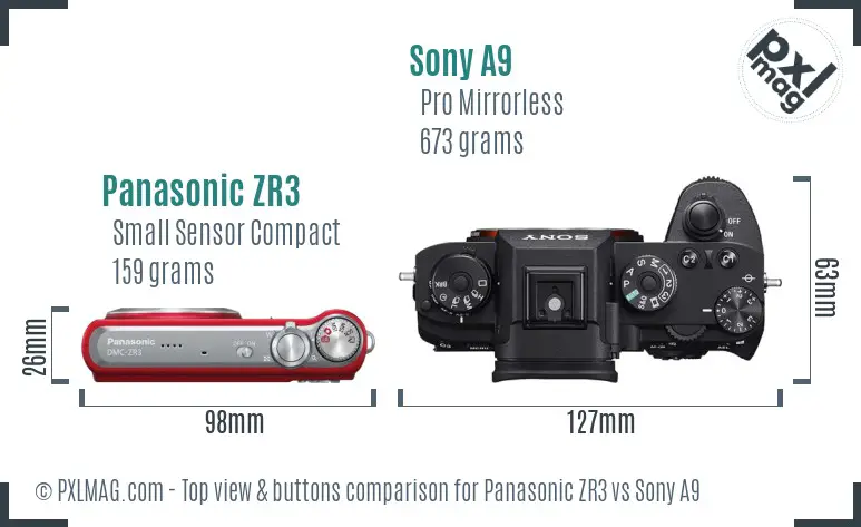 Panasonic ZR3 vs Sony A9 top view buttons comparison