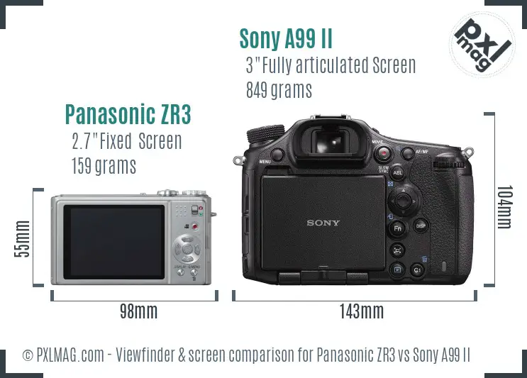 Panasonic ZR3 vs Sony A99 II Screen and Viewfinder comparison