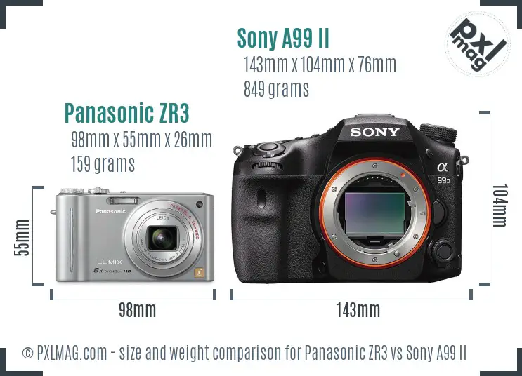 Panasonic ZR3 vs Sony A99 II size comparison