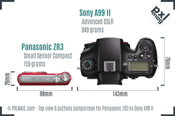 Panasonic ZR3 vs Sony A99 II top view buttons comparison