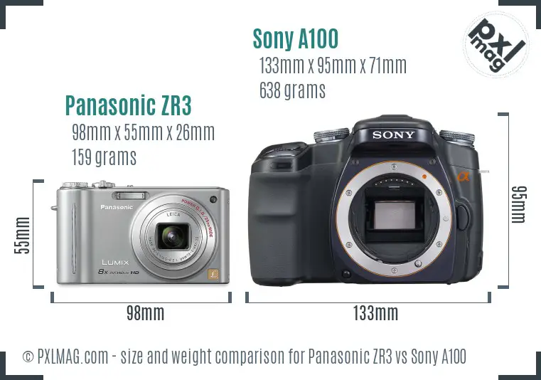 Panasonic ZR3 vs Sony A100 size comparison